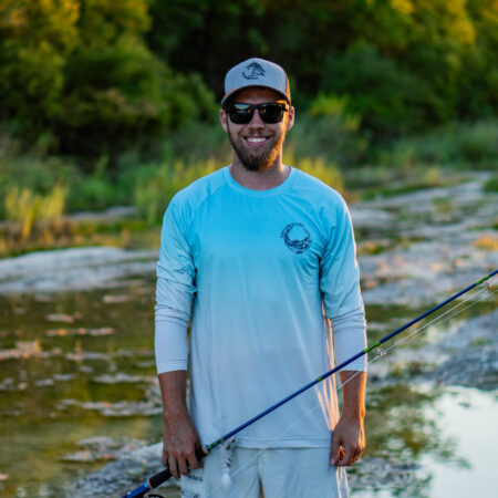FishChaseFlies sunshirt with Guadalupe Bass artwork by Johann Du Preez