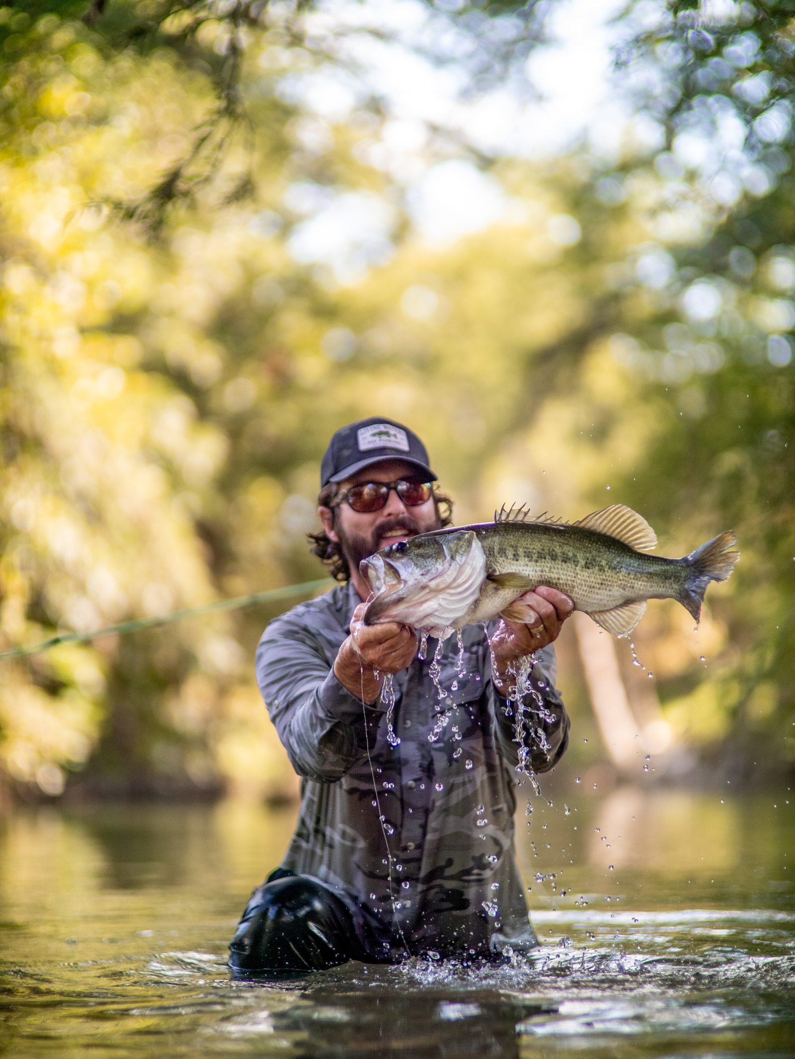 Largemouth bass caught on a hand-tied fly